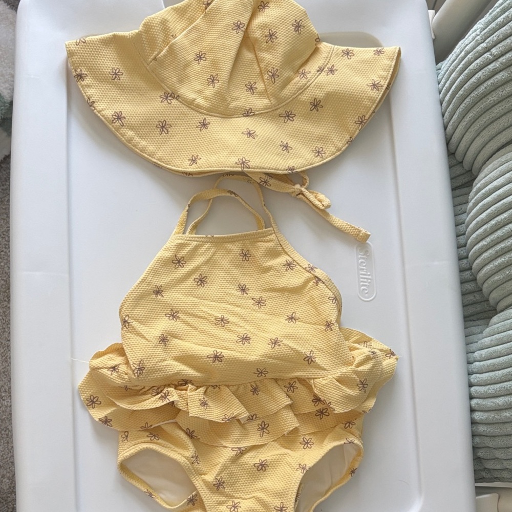 Quincy Mae Yellow Floral Kids Swim One Piece and Hat